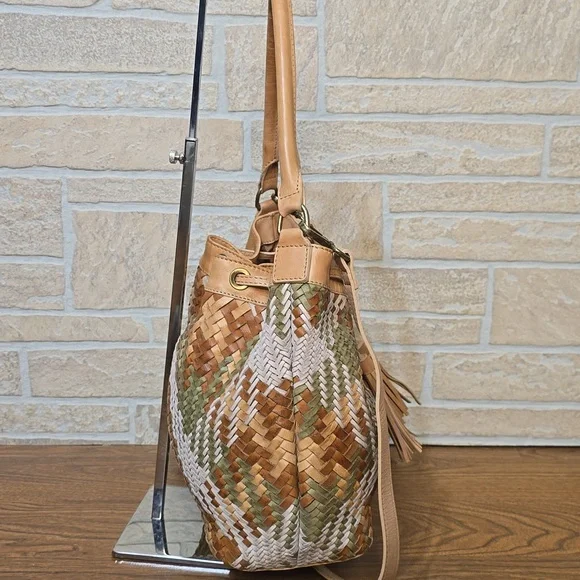Genuine Leather Woven Bucket Bag Boho Tassel Drawstring Convertible Crossbody - Picture 3 of 12